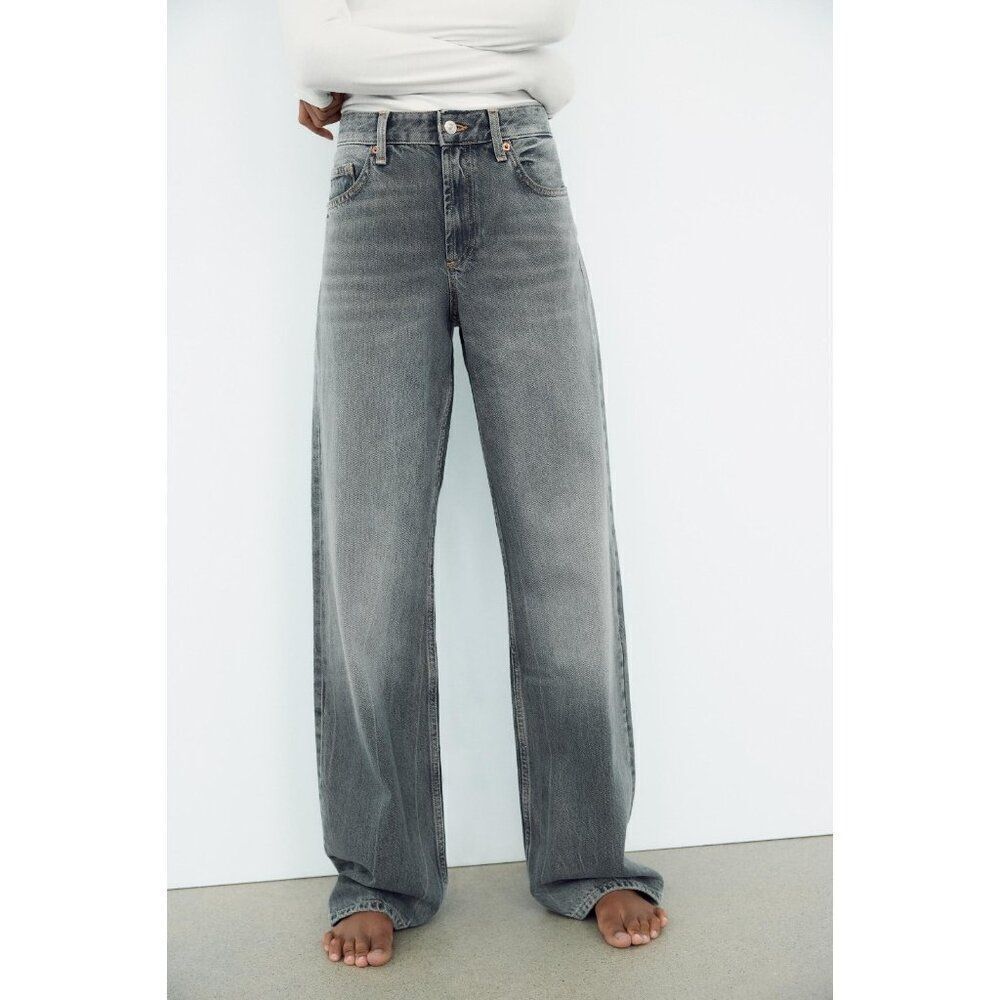 Zara Womens Wide Jeans EU 46 US 14 Gray Mid Rise Full length Denim 6045/223 NWT